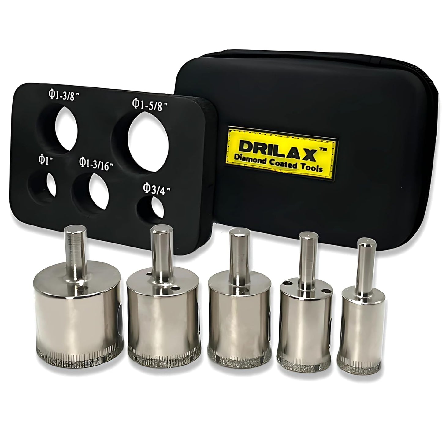 Drilax 5 Pcs Diamond Drill Bit Set 3/4", 1", 1-3/16", 1-3/8", 1-5/8" Wet Cutting Tiles, Glass, Fish Tanks, Marble, Granite, Ceramic, Porcelain, Bottle