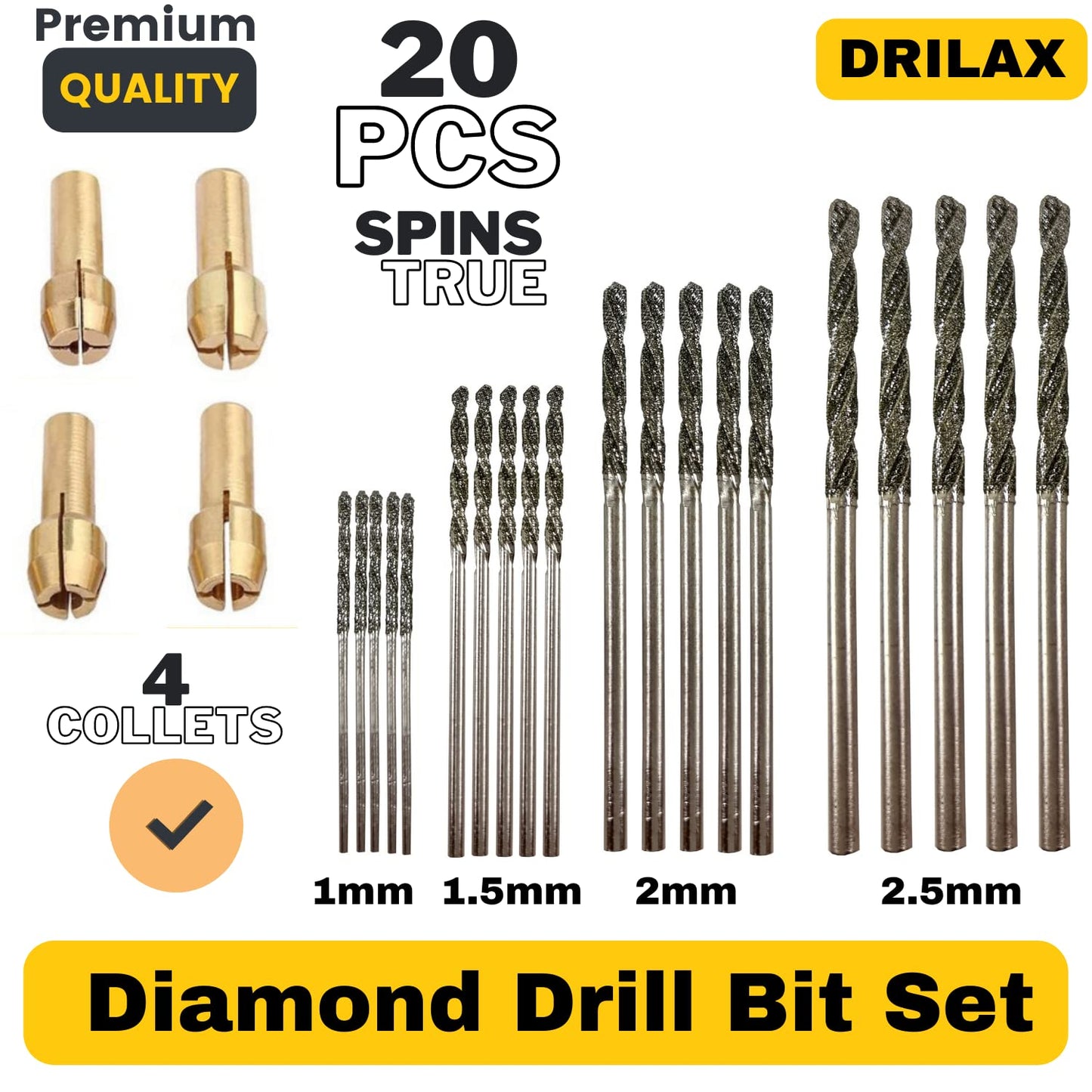 Diamond Drill Bit Set 1mm 1.5mm 2mm 2.5mm 20 Pieces 4 Sizes Twist Tip Jewelry Beach Sea Glass Shells Gemstones Lapidary Ornament Bracelet Necklace Art