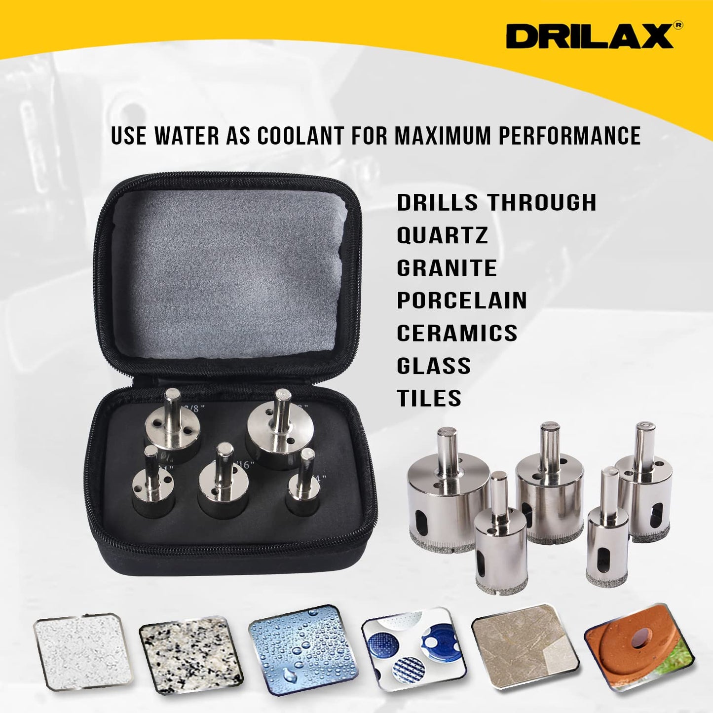 Drilax 5 Pcs Diamond Drill Bit Set 3/4", 1", 1-3/16", 1-3/8", 1-5/8" Wet Cutting Tiles, Glass, Fish Tanks, Marble, Granite, Ceramic, Porcelain, Bottle