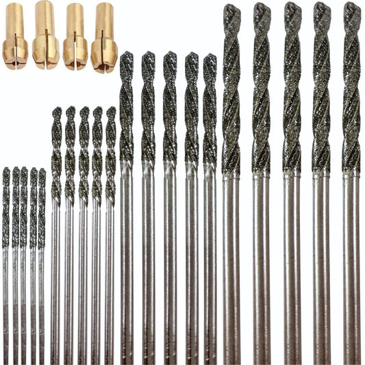 Diamond Drill Bit Set 1mm 1.5mm 2mm 2.5mm 20 Pieces 4 Sizes Twist Tip Jewelry Beach Sea Glass Shells Gemstones Lapidary Ornament Bracelet Necklace Art