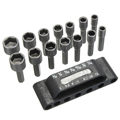 Drilax 14 Pcs Quick-Change Power Nut Driver Standard Metric Hex Shank Drill Bit Set Socket Screwdriver Wrench 3/16, 1/4, 9/32, 5/16, 11/32, 3/8, 7/16 inch 5, 5.5, 6, 7, 8, 10, 12 mm